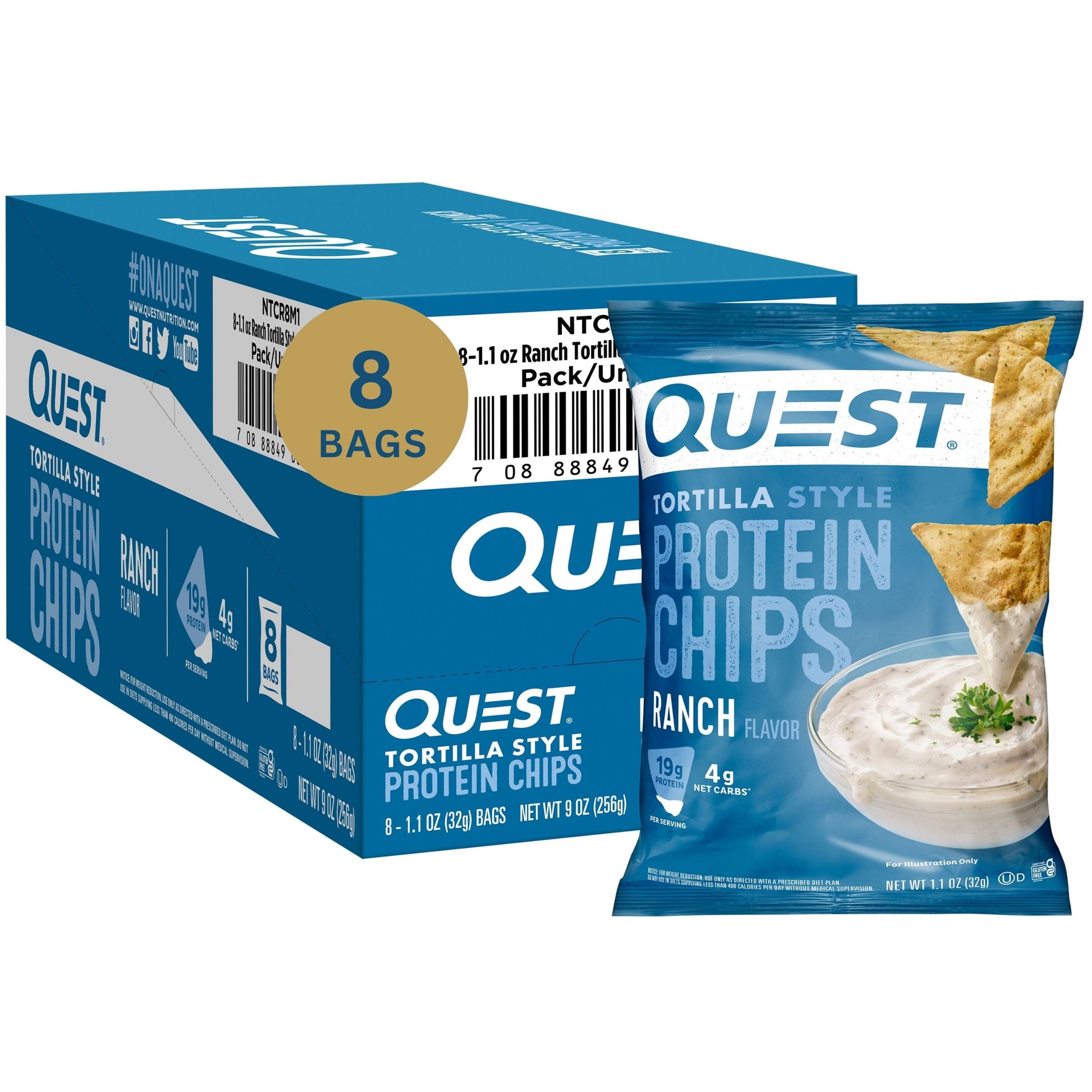 Quest Tortilla Style Protein Chips with 19G of Protein, Ranch Flavor, 1.1 Oz Bags, 8 Count