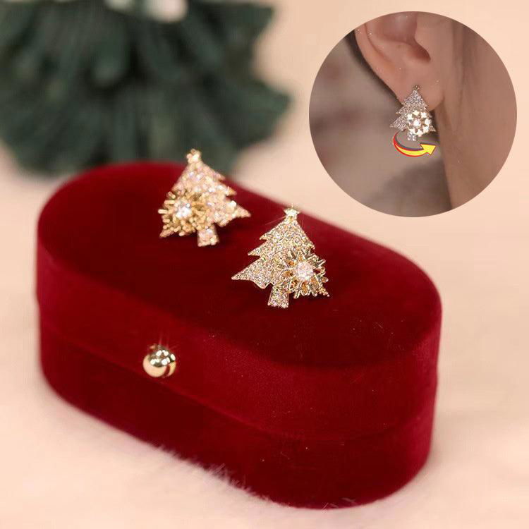 Rotatable Christmas Tree Earrings Shiny Rhinestone Snowflake Stud Earring New Year Xmas Festival Ear Jewelry Gifts Autumn And Winter - Jewelry Trends USA