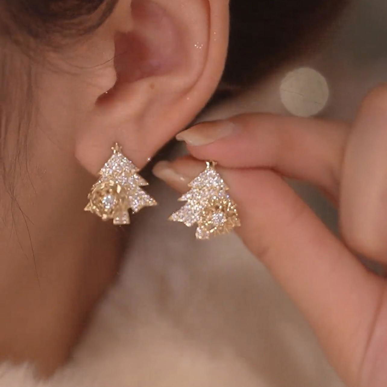 Rotatable Christmas Tree Earrings Shiny Rhinestone Snowflake Stud Earring New Year Xmas Festival Ear Jewelry Gifts Autumn And Winter - Jewelry Trends USA