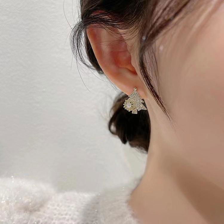 Rotatable Christmas Tree Earrings Shiny Rhinestone Snowflake Stud Earring New Year Xmas Festival Ear Jewelry Gifts Autumn And Winter - Jewelry Trends USA