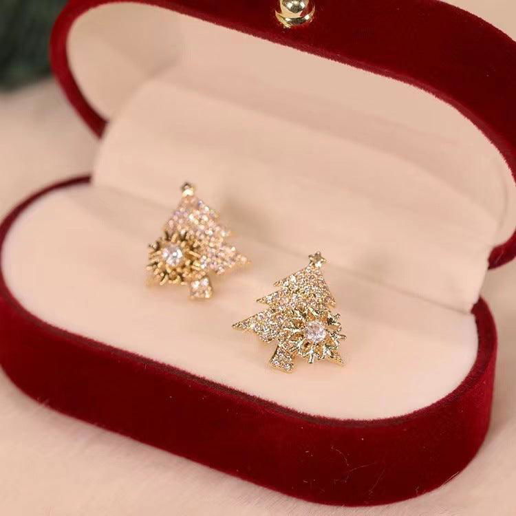 Rotatable Christmas Tree Earrings Shiny Rhinestone Snowflake Stud Earring New Year Xmas Festival Ear Jewelry Gifts Autumn And Winter - Jewelry Trends USA