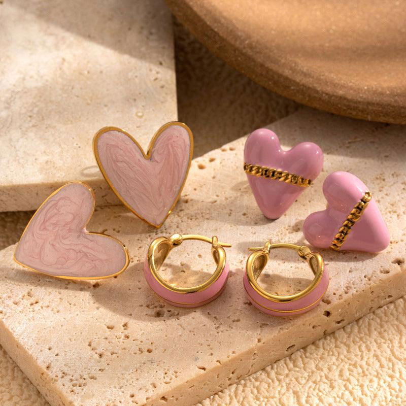 Titanium Steel Oil Painting Heart-shaped Round Stainless Steel Earrings - Jewelry Trends USA