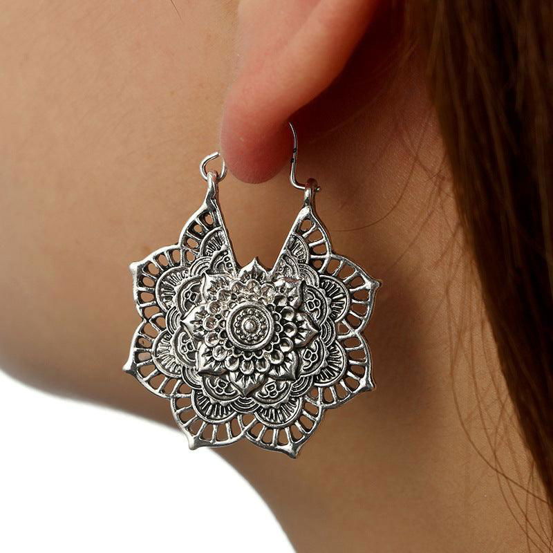 Vintage ethnic style metal openwork floral flower earrings - Jewelry Trends USA