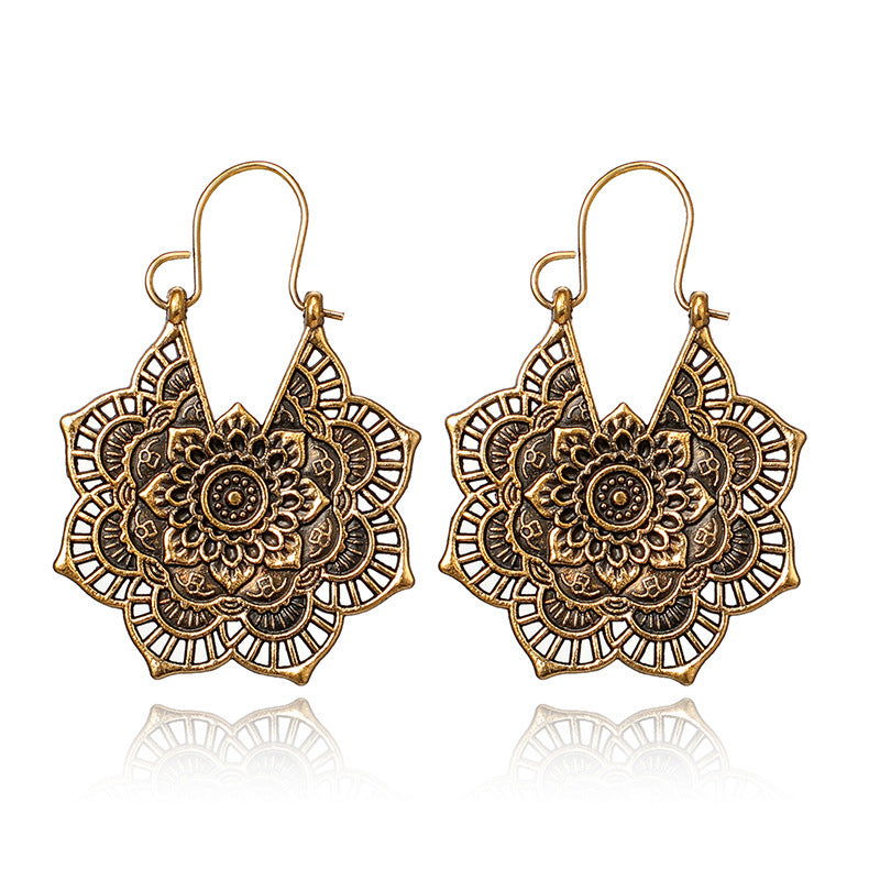 Vintage ethnic style metal openwork floral flower earrings - Jewelry Trends USA