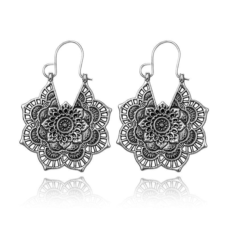 Vintage ethnic style metal openwork floral flower earrings - Jewelry Trends USA