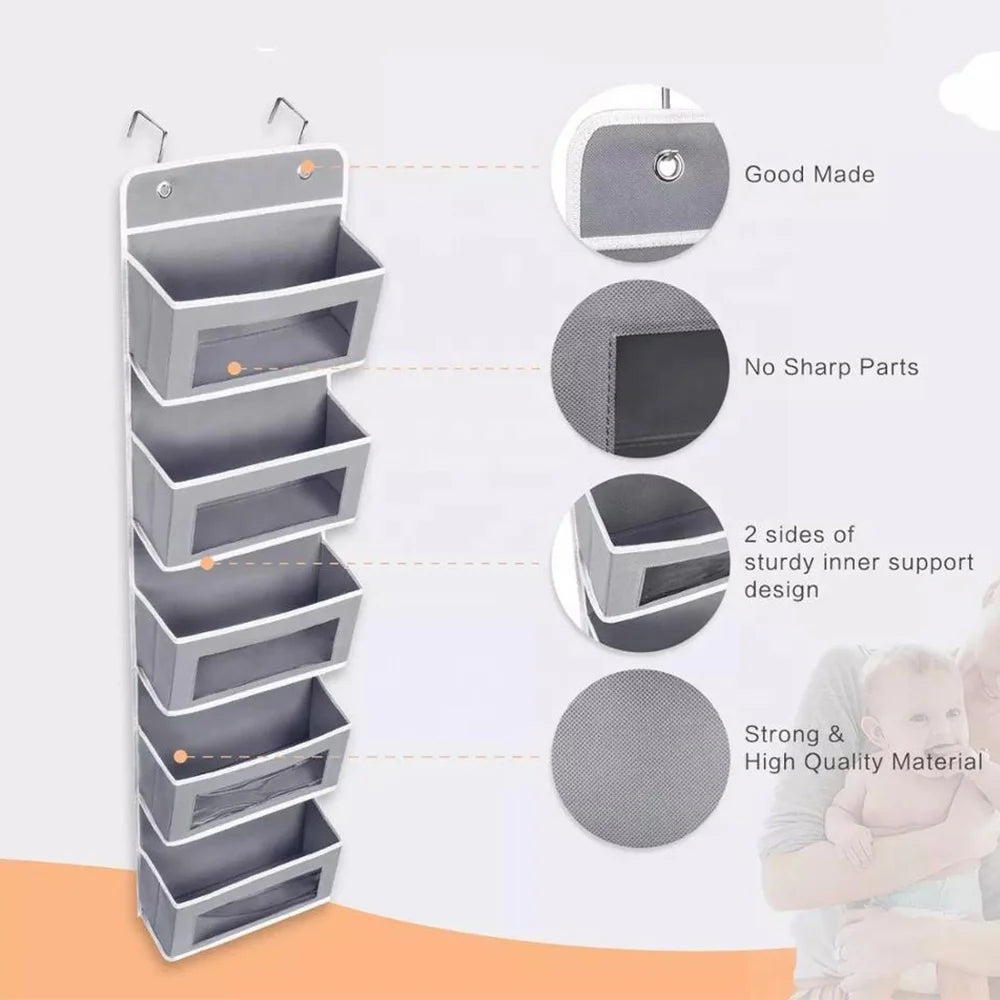 over the Door Pocket Organizer Fabric Hanging Closet Clear Window Storage Bag with Mental Hooks Gray for Pantry Baby Nursery Bathroom Closet Dorm, Gray