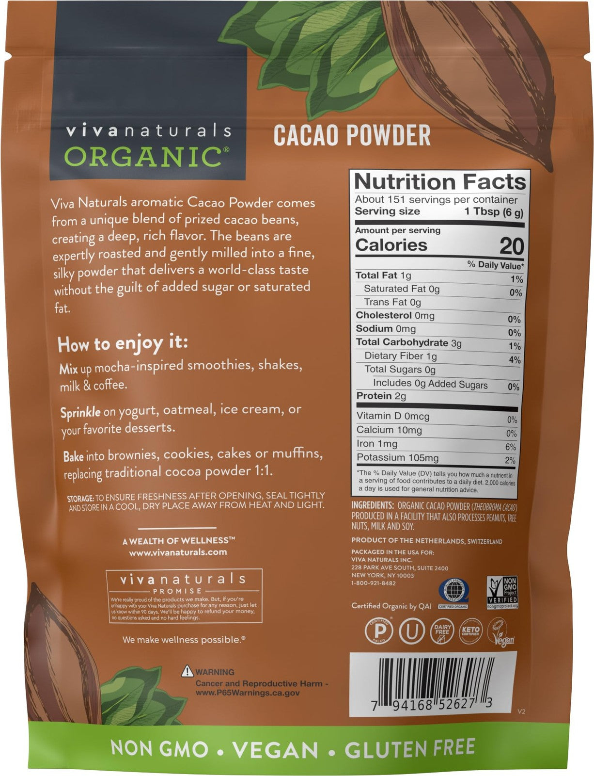 Viva Naturals Organic Cacao Powder, 2Lb - Unsweetened Cocoa Powder Wit