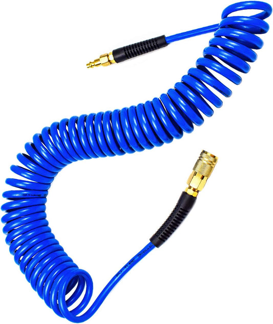 Polyurethane Recoil Air Hose, Air Compressor Hose 1/4" Inner Diameter by 25' Long with Bend Restrictor, 1/4" Industrial Quick Coupler and Plug, Blue