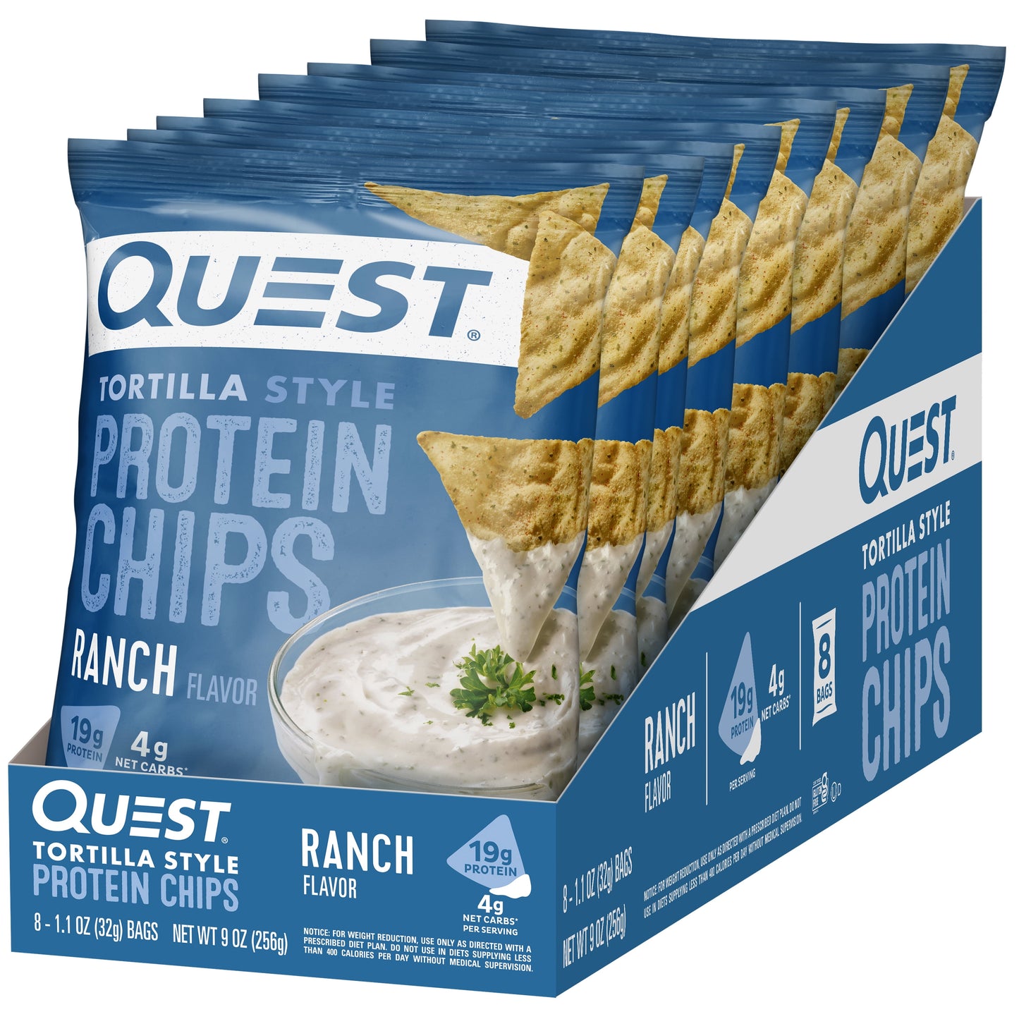 Quest Tortilla Style Protein Chips with 19G of Protein, Ranch Flavor, 1.1 Oz Bags, 8 Count