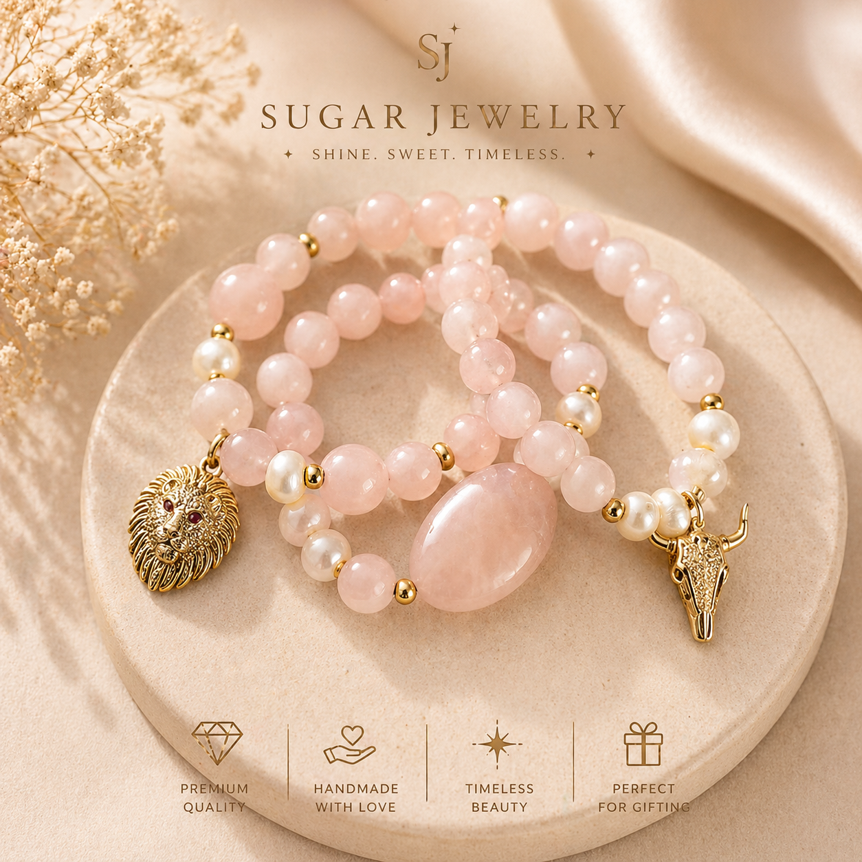 Rose Quartz Charm Bracelet Set