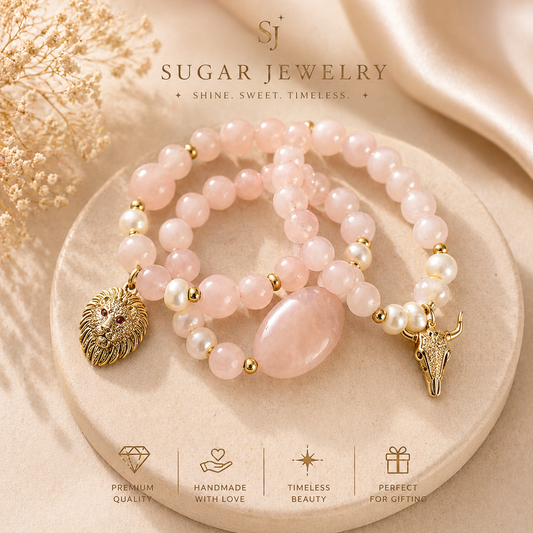Rose Quartz Charm Bracelet Set