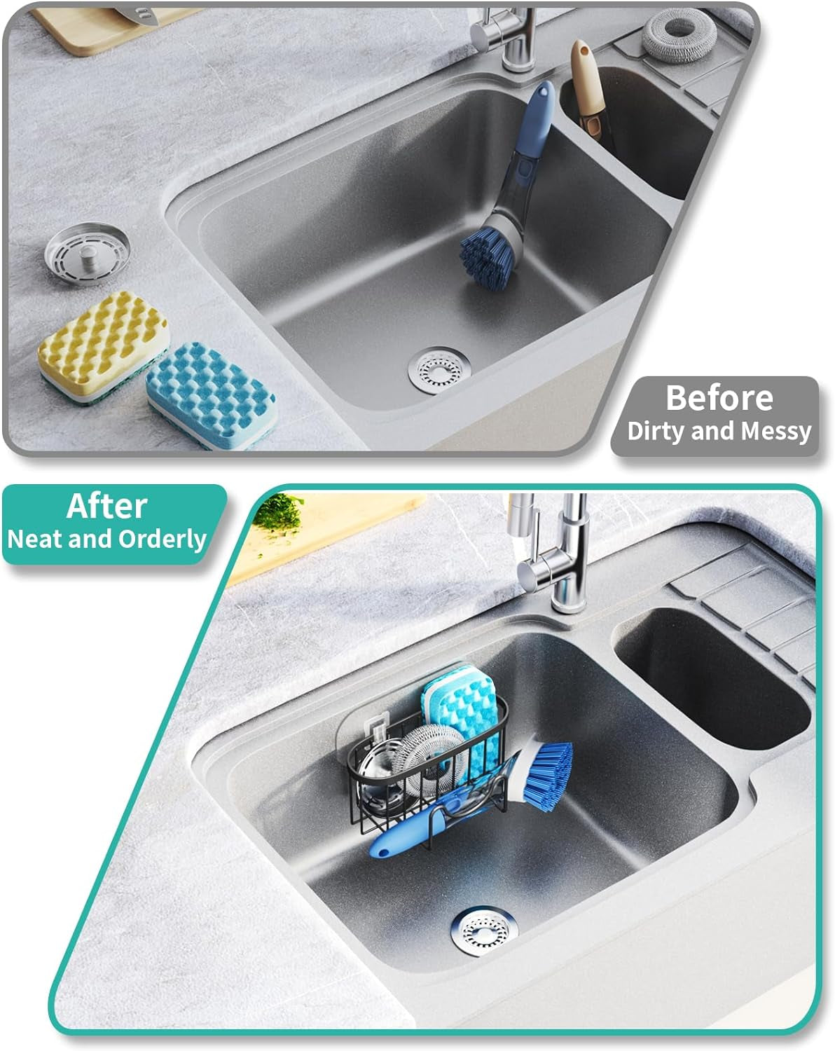 Multifunctional Sponge Holder with Unique M-Shaped, 2 Installation Methods Kitchen Sink Caddy Organizer, Rustproof Stainless Steel Sponge Caddy for Brush, Sink Stopper and Scraper -Black