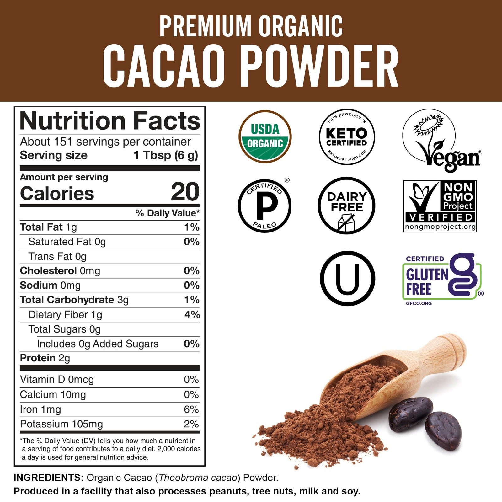 Viva Naturals Organic Cacao Powder, 2Lb - Unsweetened Cocoa Powder Wit