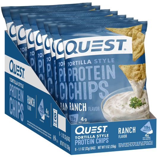 Quest Tortilla Style Protein Chips with 19G of Protein, Ranch Flavor, 1.1 Oz Bags, 8 Count