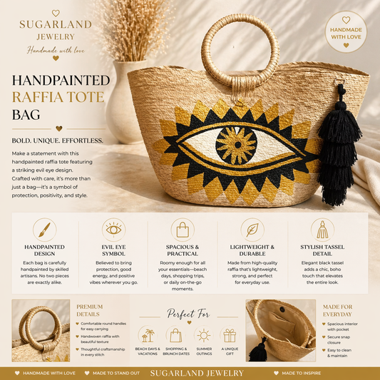 Handpainted Raffia Tote Bag – Gold Evil Eye Edition