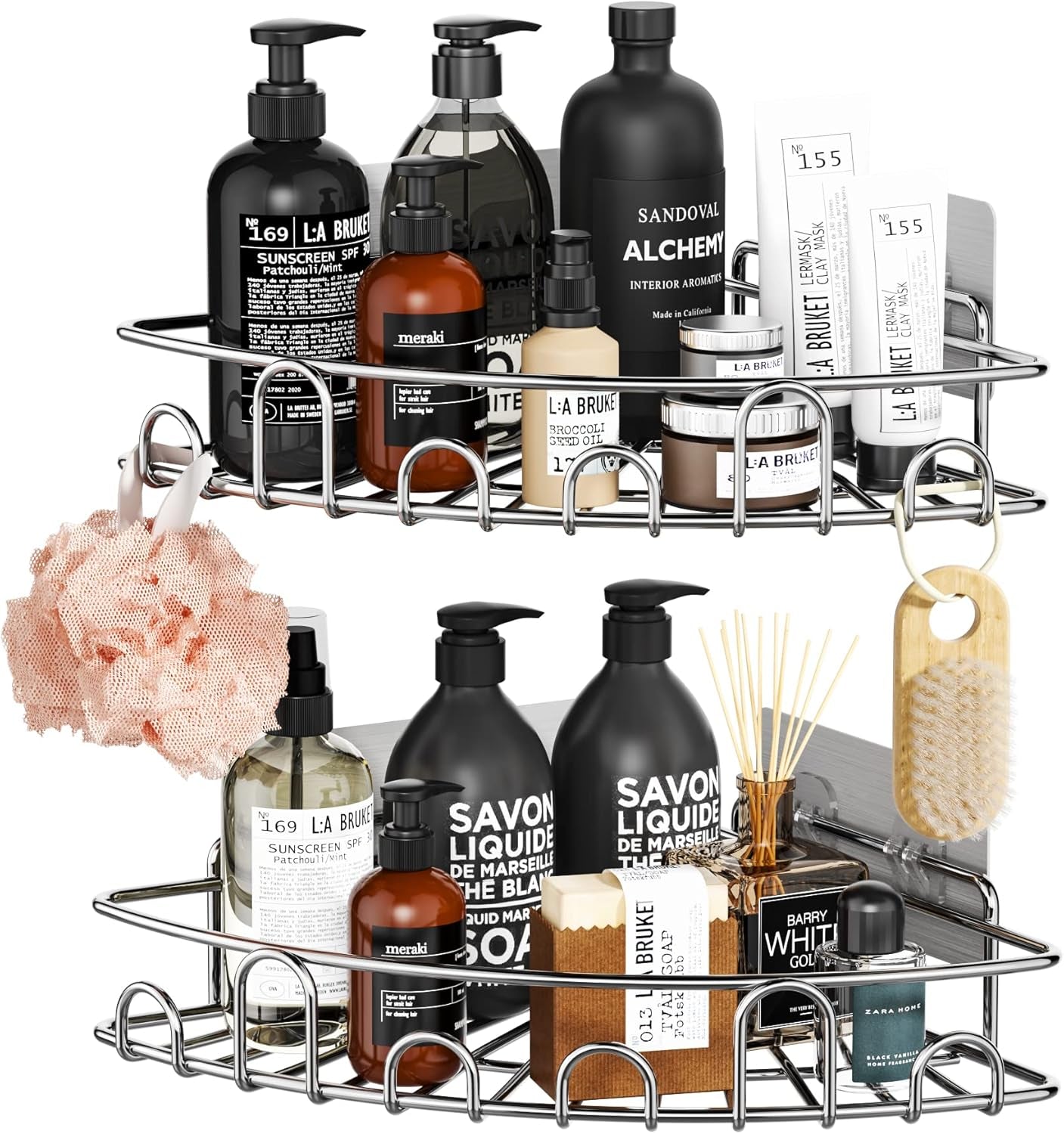 Corner Shower Caddy Shower Rack, SUS304 Stainless Steel Shower Organizer with 8 Traceless Adhesive Hooks Wall Mounted Bathroom Shelf Organizer for Kitchen Toilet Dorm Storage, 2 PACK