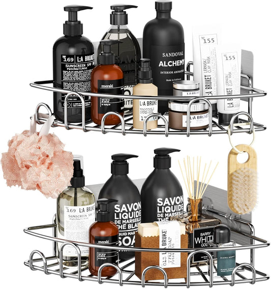 Corner Shower Caddy Shower Rack, SUS304 Stainless Steel Shower Organizer with 8 Traceless Adhesive Hooks Wall Mounted Bathroom Shelf Organizer for Kitchen Toilet Dorm Storage, 2 PACK