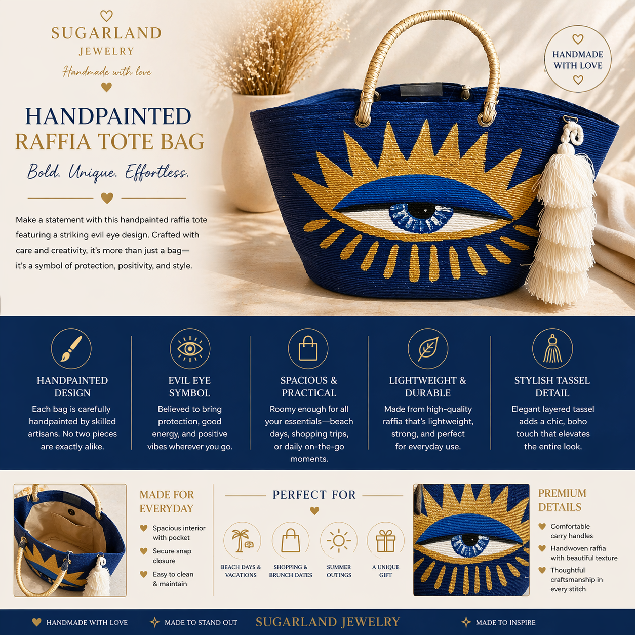 Handpainted Raffia Tote Bag – Royal Blue Evil Eye Edition