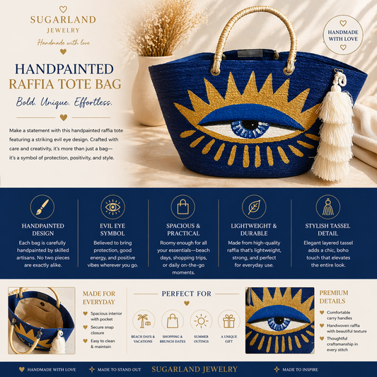 Handpainted Raffia Tote Bag – Royal Blue Evil Eye Edition