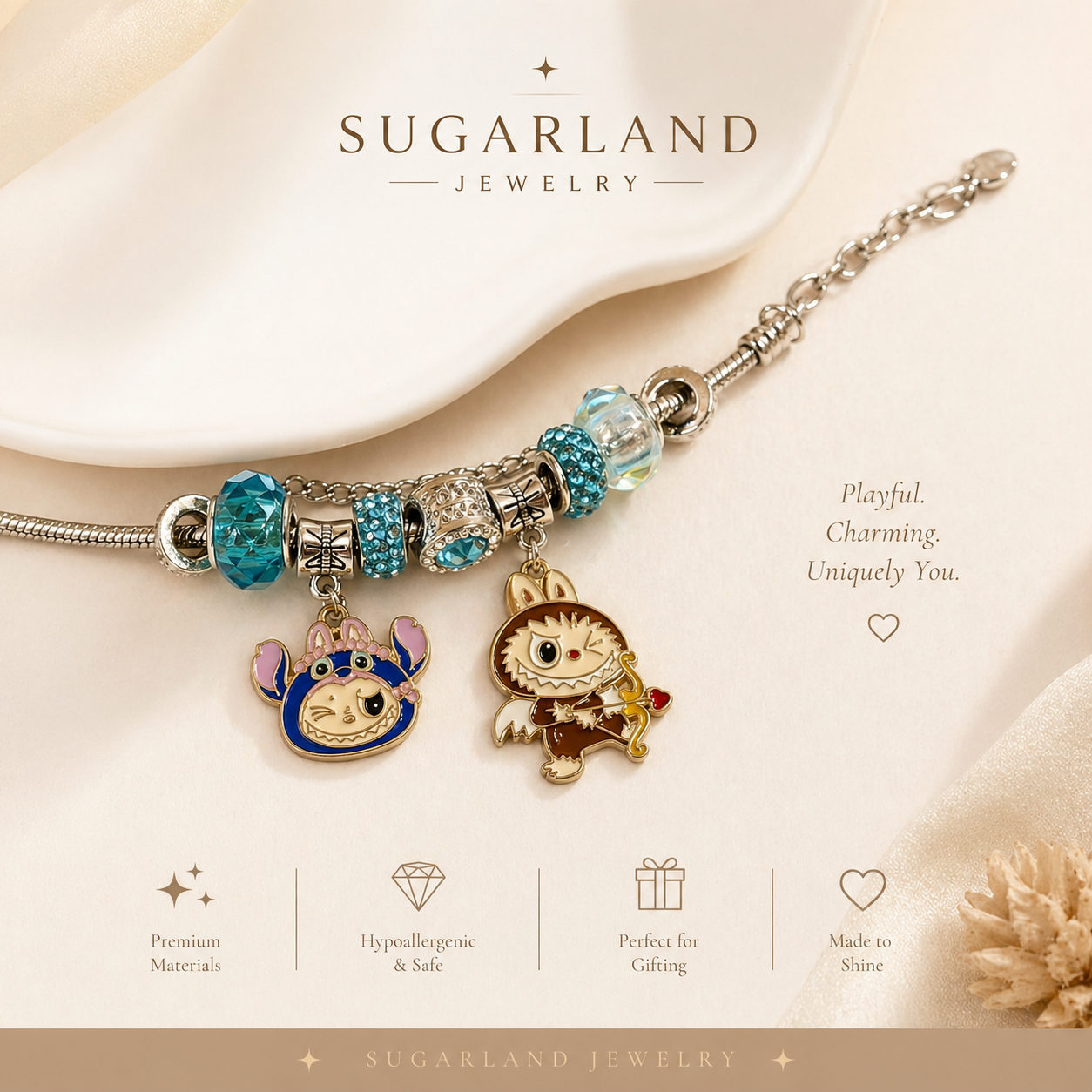 SUGARLAND Jewelry Charm Bracelet with Aqua Crystal Beads & Whimsical Character Charms – Playful Elegant Statement Piece