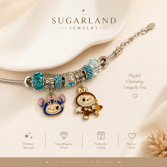 SUGARLAND Jewelry Charm Bracelet with Aqua Crystal Beads & Whimsical Character Charms – Playful Elegant Statement Piece