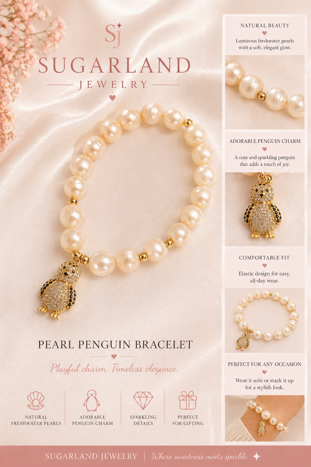 🐧 Pearl Penguin Charm Bracelet