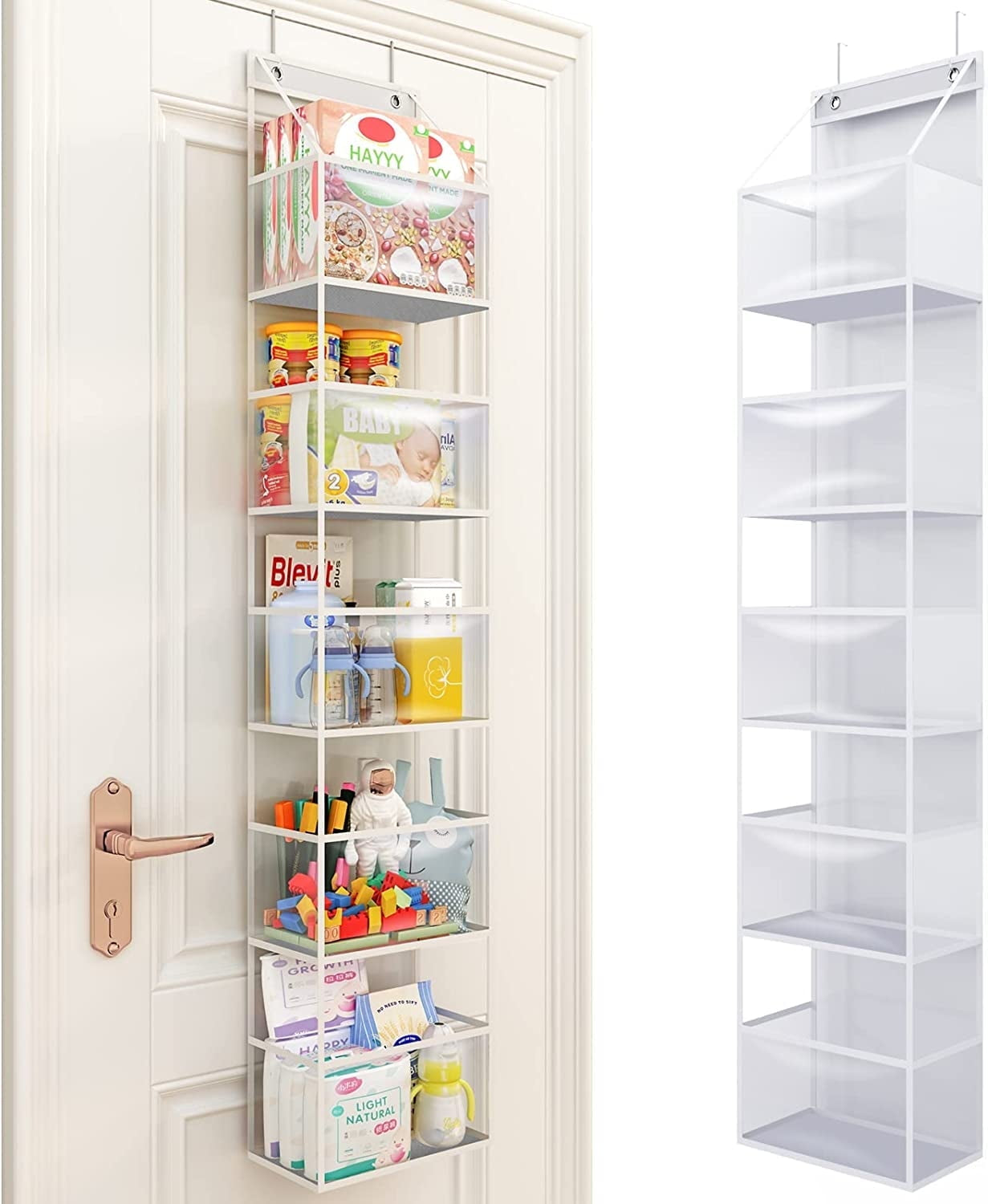 over the Door Hanging Pantry Organizer 6-Shelf behind the Door Storage Organizer with Clear Plastic Pockets Large Capacity for Closet Bedroom Bathroom (White)