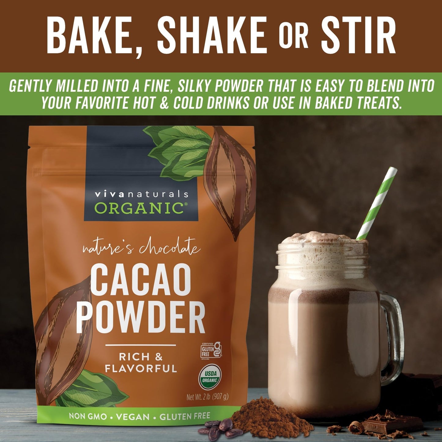 Viva Naturals Organic Cacao Powder, 2Lb - Unsweetened Cocoa Powder Wit