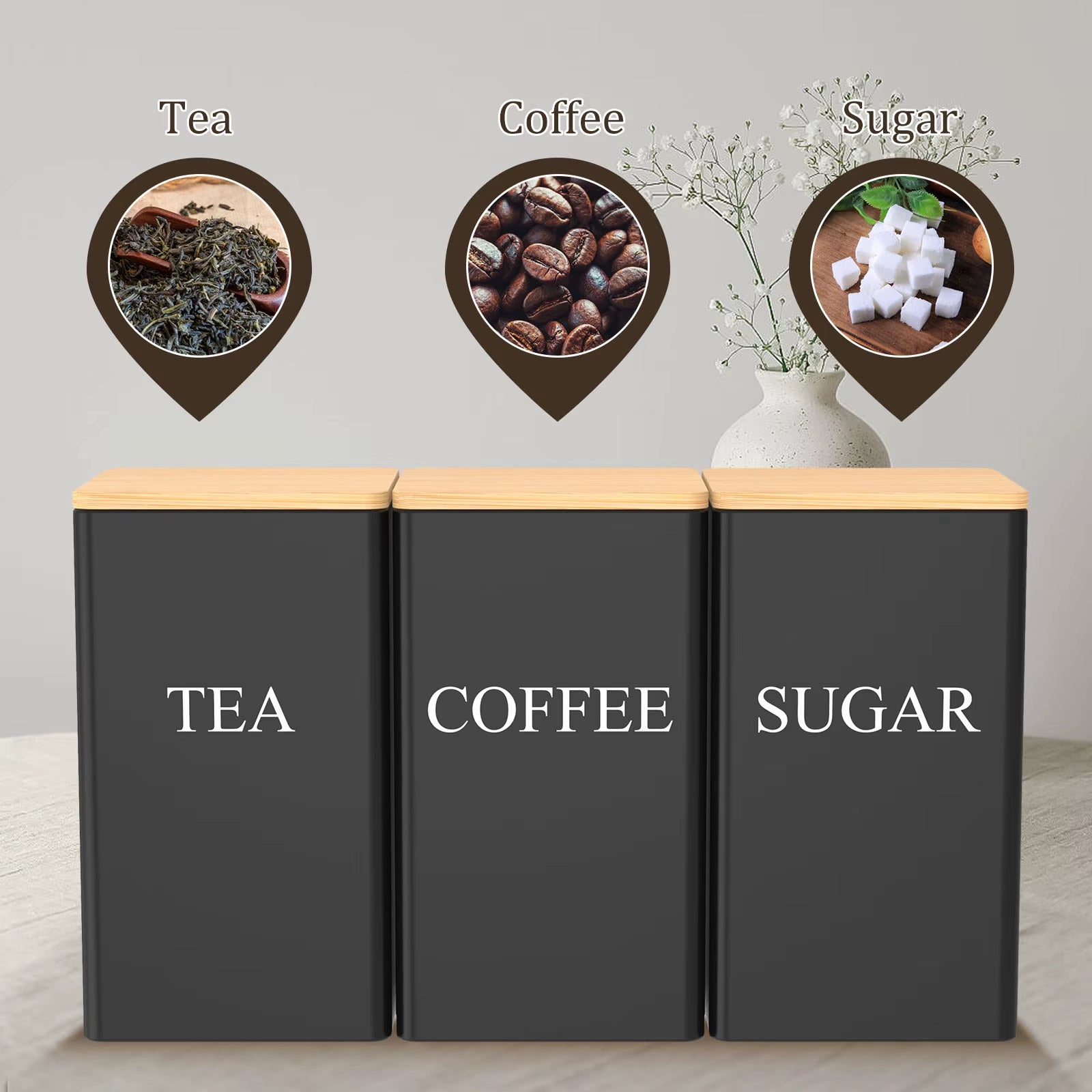 Coffee Bean Storage Jar Metal Coffee Tea Sugar Container Simple Style Sealed Storage with Bamboo Lid Tea Can Kitchen Supplies