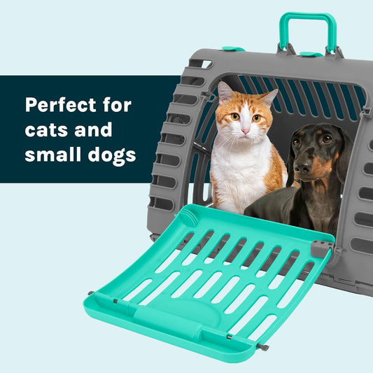 Sportpet X-Large Hard-Sided Travel Cat Carrier - Cat Carrier with Patented Wide Side-Opening Door, Foldable Portable Pet Carrier for Cats & Small Pets up to 35Lbs - Dark Gray/Teal
