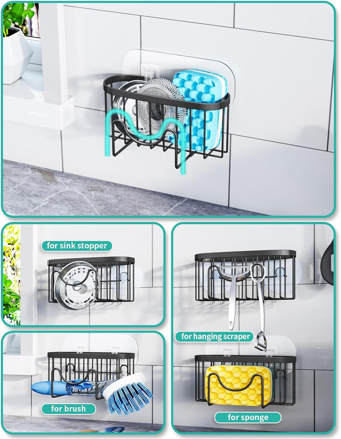 Multifunctional Sponge Holder with Unique M-Shaped, 2 Installation Methods Kitchen Sink Caddy Organizer, Rustproof Stainless Steel Sponge Caddy for Brush, Sink Stopper and Scraper -Black