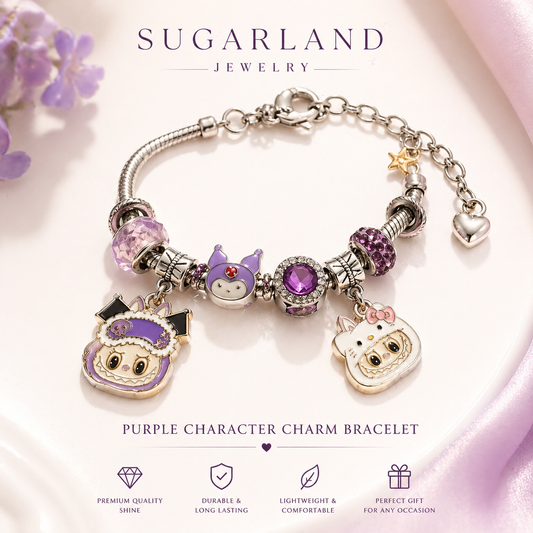 Sugarland Purple Charm Bracelet – Cute Kitty & Star Beaded Bracelet