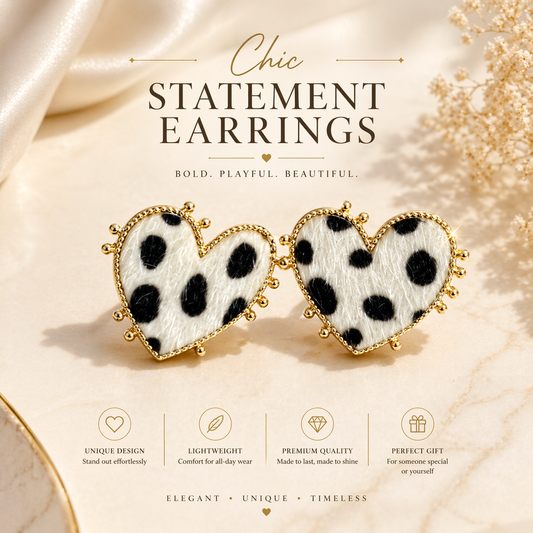 Chic Dalmatian Heart Stud Earrings – Gold Trim Statement Jewelry