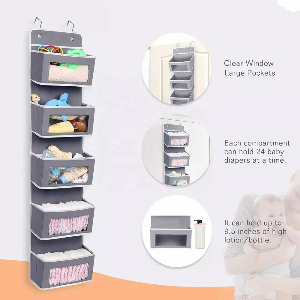 over the Door Pocket Organizer Fabric Hanging Closet Clear Window Storage Bag with Mental Hooks Gray for Pantry Baby Nursery Bathroom Closet Dorm, Gray
