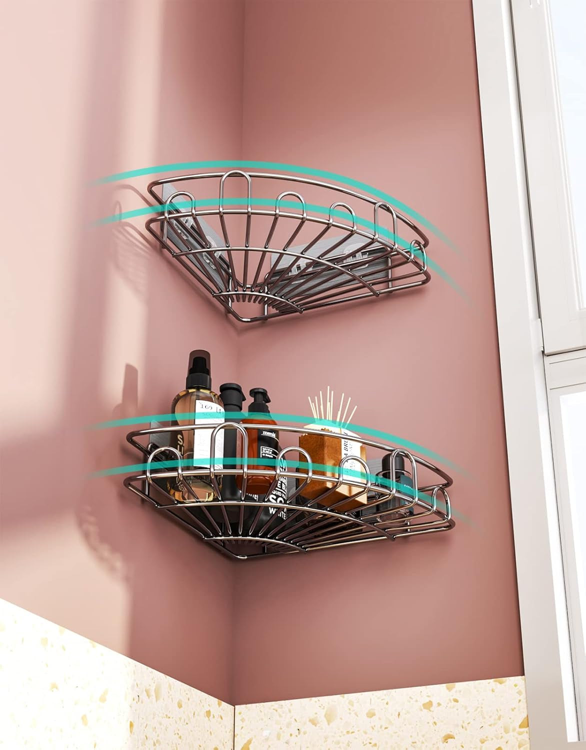 Corner Shower Caddy Shower Rack, SUS304 Stainless Steel Shower Organizer with 8 Traceless Adhesive Hooks Wall Mounted Bathroom Shelf Organizer for Kitchen Toilet Dorm Storage, 2 PACK