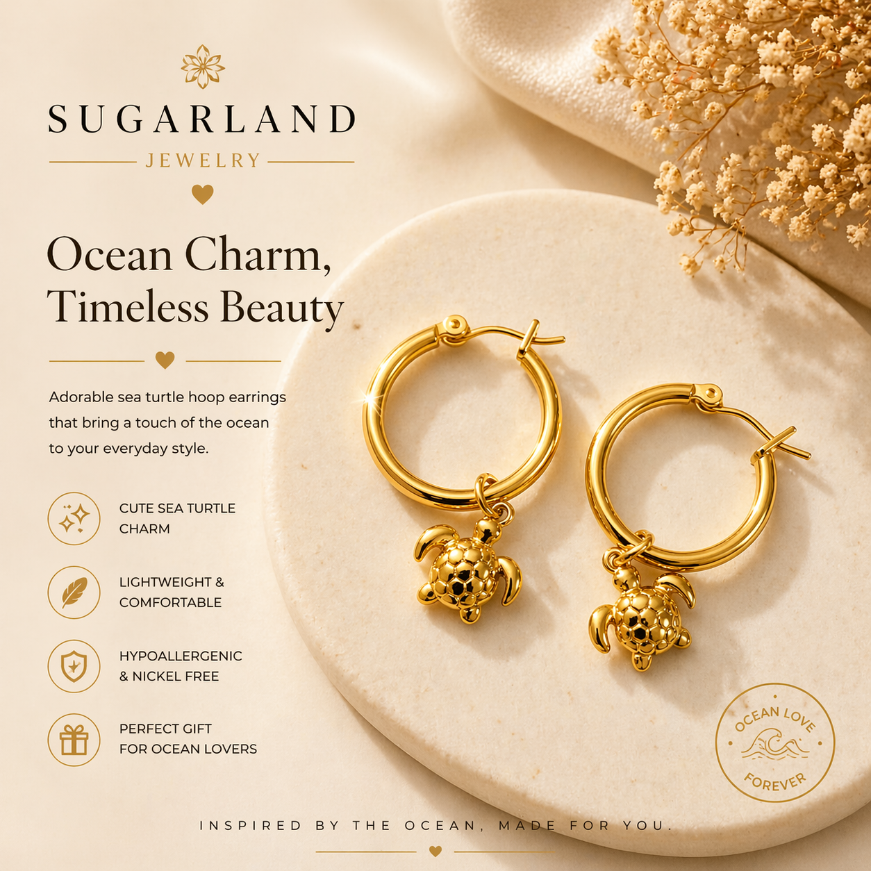 Gold Turtle Charm Hoop Earrings – Ocean-Inspired Elegance