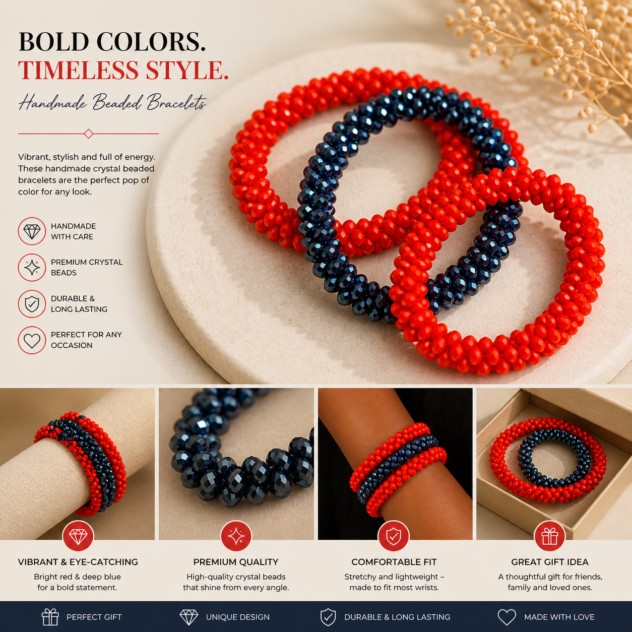 Red & Blue Crystal Beaded Bracelets (Handmade Set)