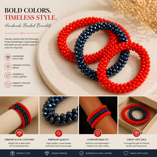 Red & Blue Crystal Beaded Bracelets (Handmade Set)