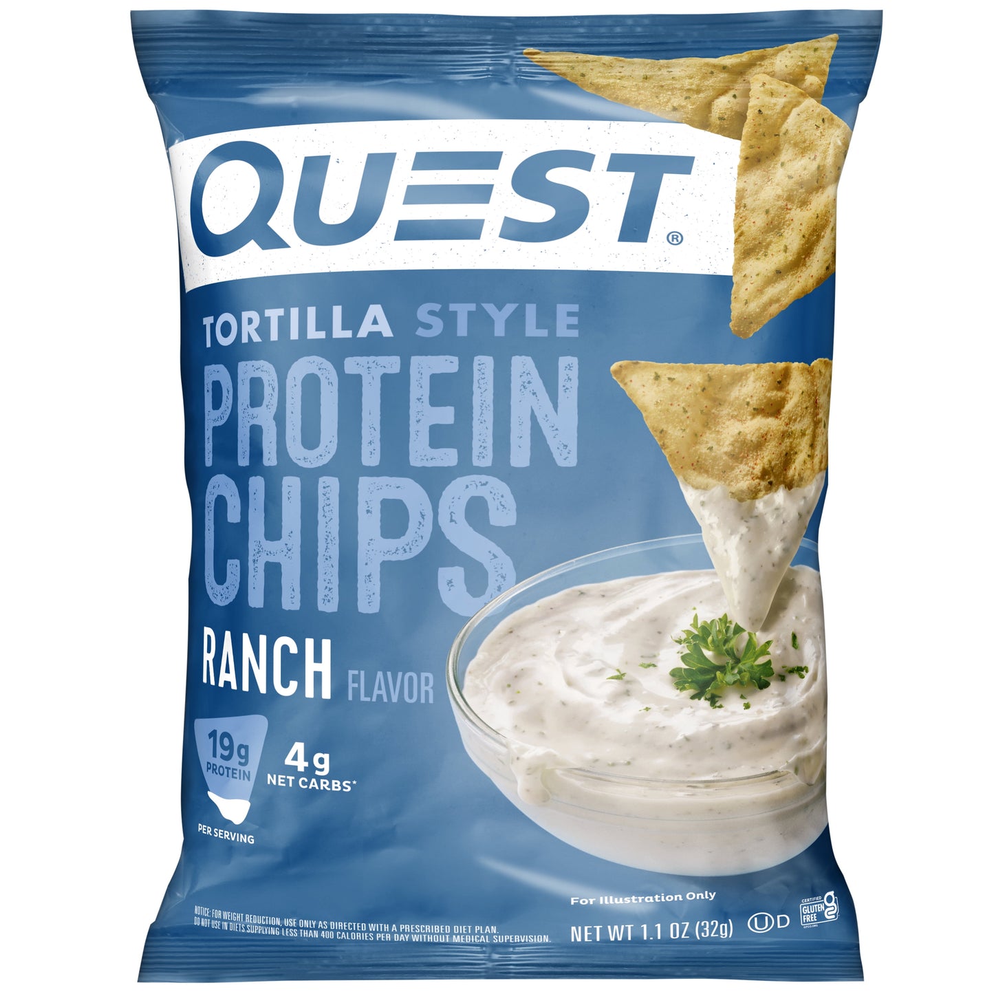 Quest Tortilla Style Protein Chips with 19G of Protein, Ranch Flavor, 1.1 Oz Bags, 8 Count