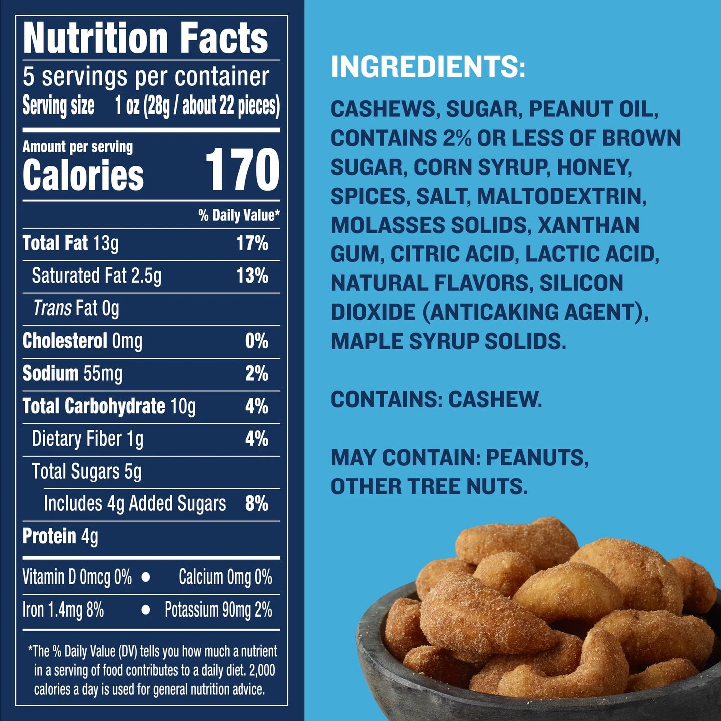 (4 Pack)  Cashews Cinnamon & Brown Sugar, Party Snacks, Plant Based Protein, 5 Oz Bag