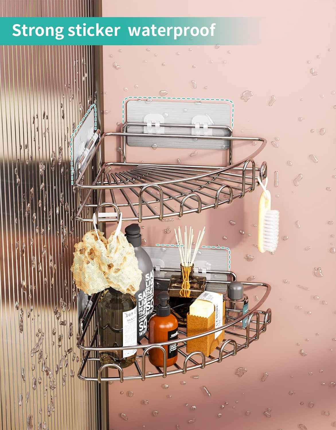 Corner Shower Caddy Shower Rack, SUS304 Stainless Steel Shower Organizer with 8 Traceless Adhesive Hooks Wall Mounted Bathroom Shelf Organizer for Kitchen Toilet Dorm Storage, 2 PACK