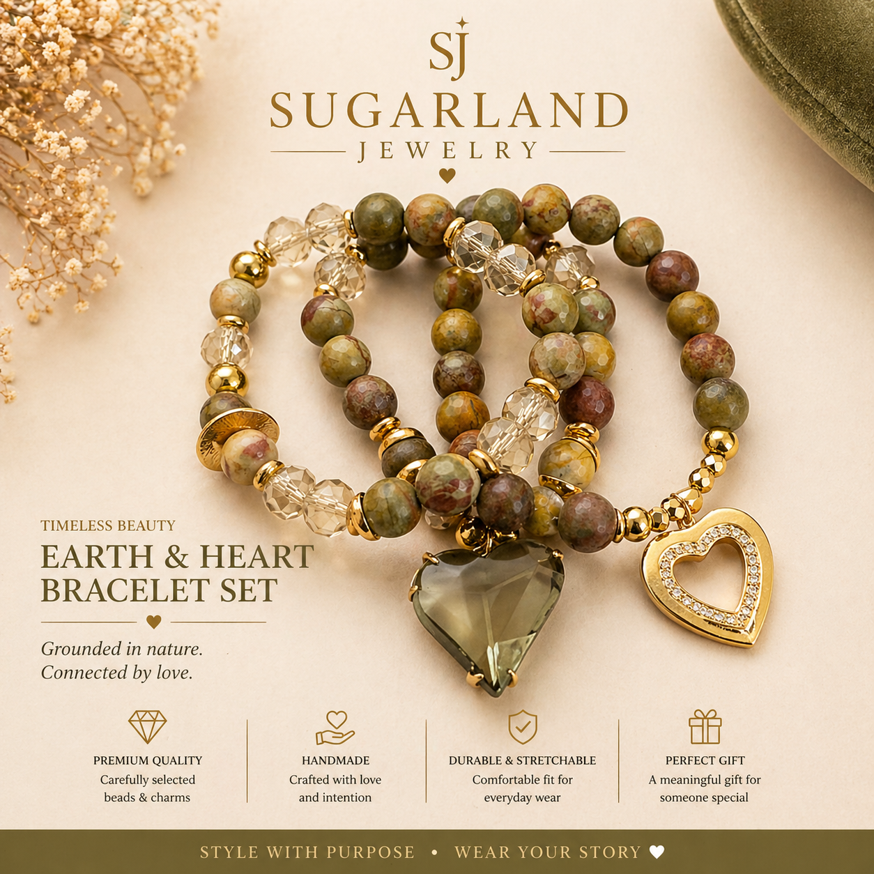 Olive Luxe Heart Charm Bracelet Set
