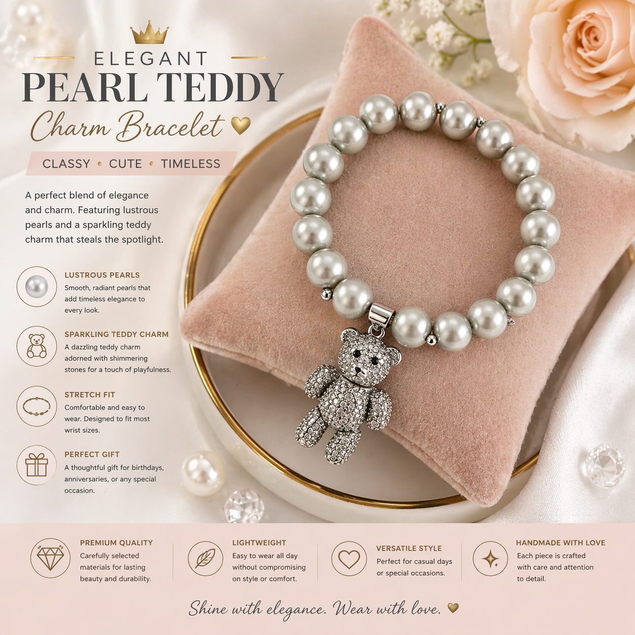 Elegant Pearl Teddy Charm Bracelet