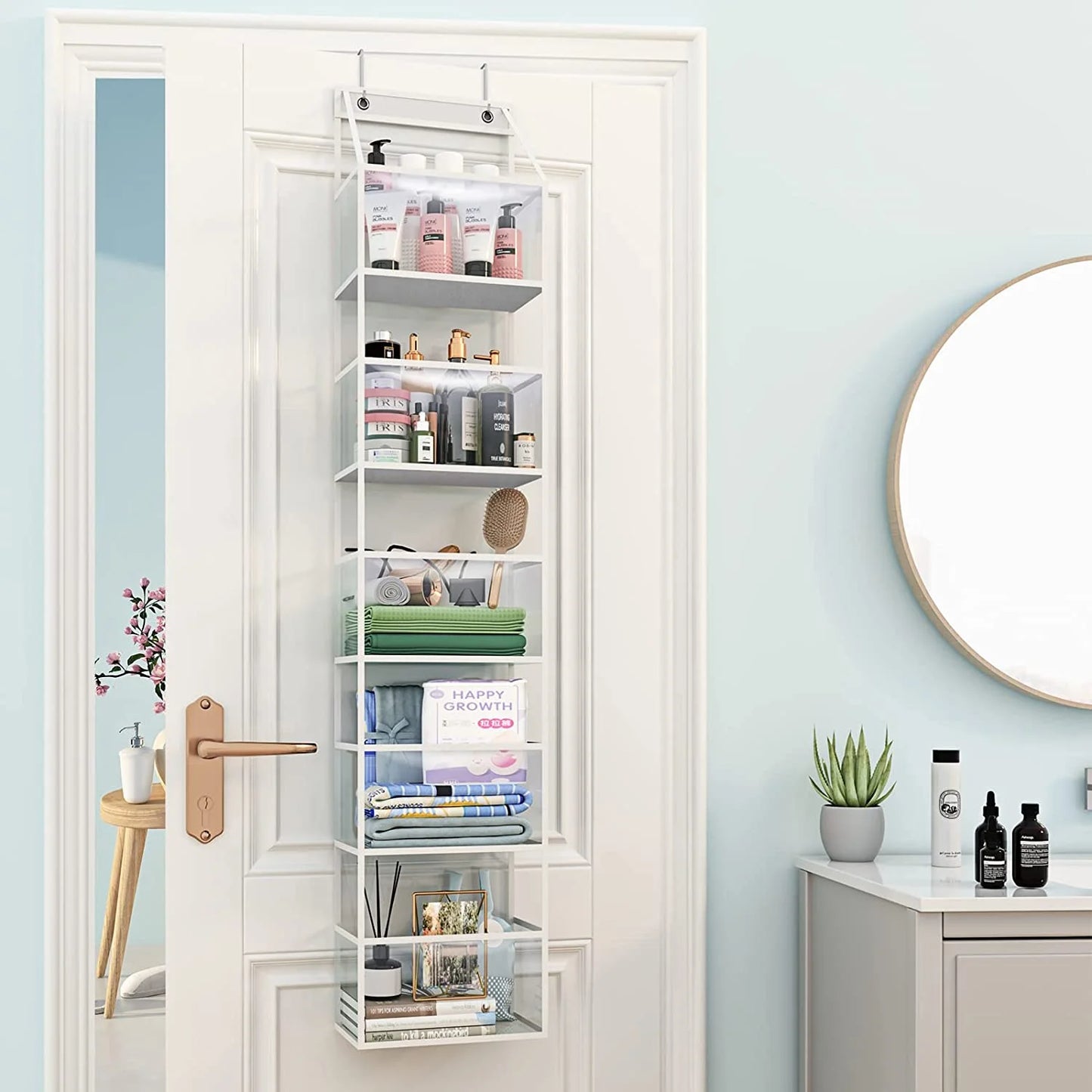 over the Door Hanging Pantry Organizer 6-Shelf behind the Door Storage Organizer with Clear Plastic Pockets Large Capacity for Closet Bedroom Bathroom (White)