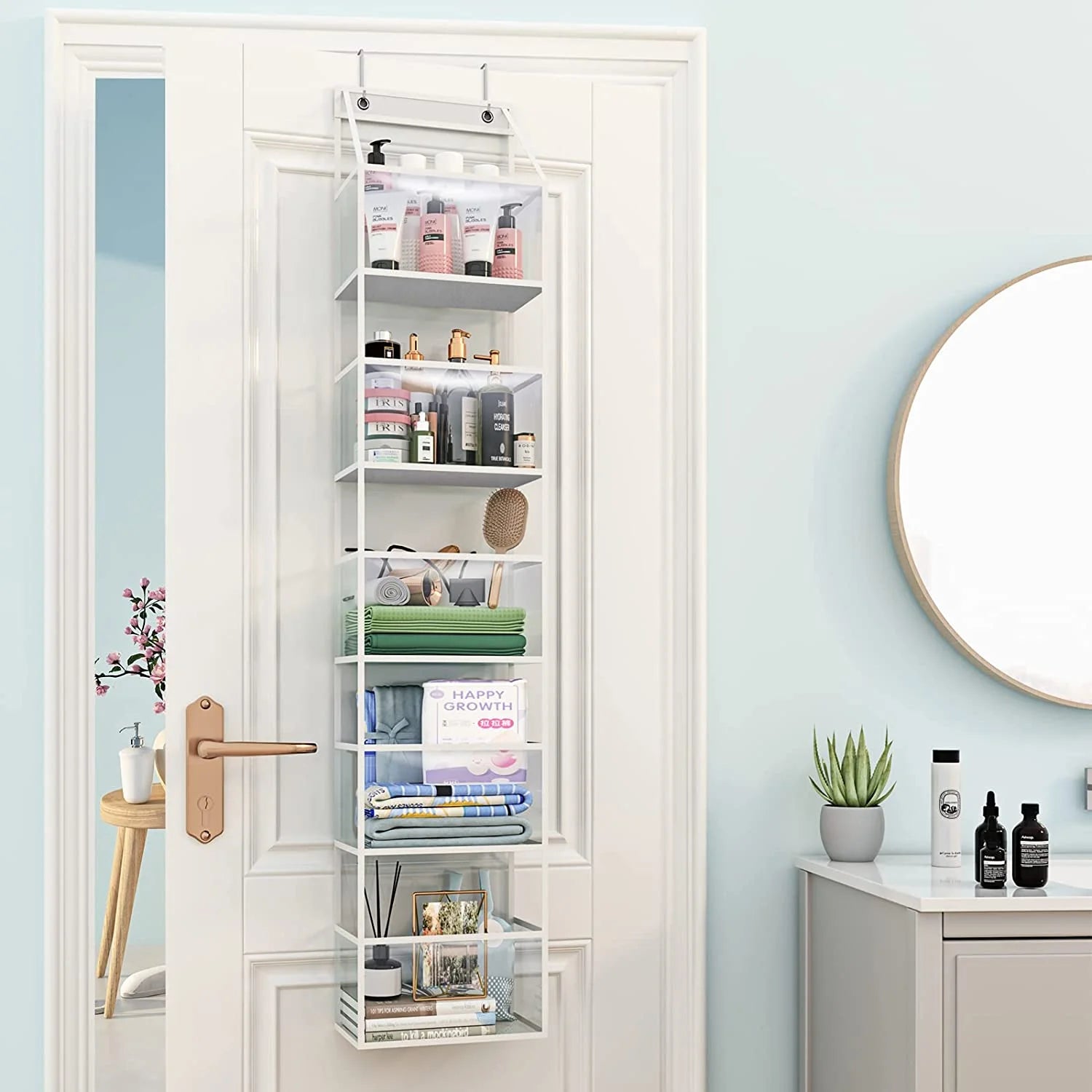 over the Door Hanging Pantry Organizer 6-Shelf behind the Door Storage Organizer with Clear Plastic Pockets Large Capacity for Closet Bedroom Bathroom (White)