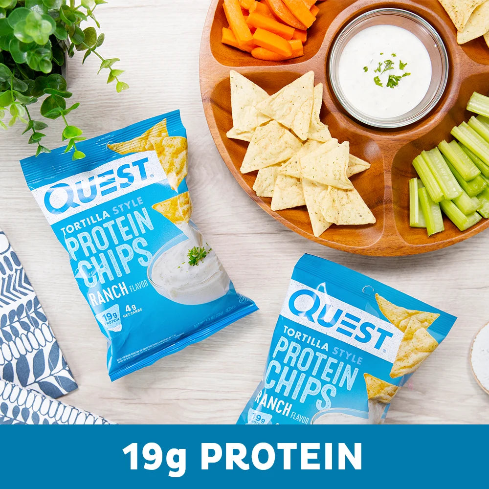Quest Tortilla Style Protein Chips with 19G of Protein, Ranch Flavor, 1.1 Oz Bags, 8 Count