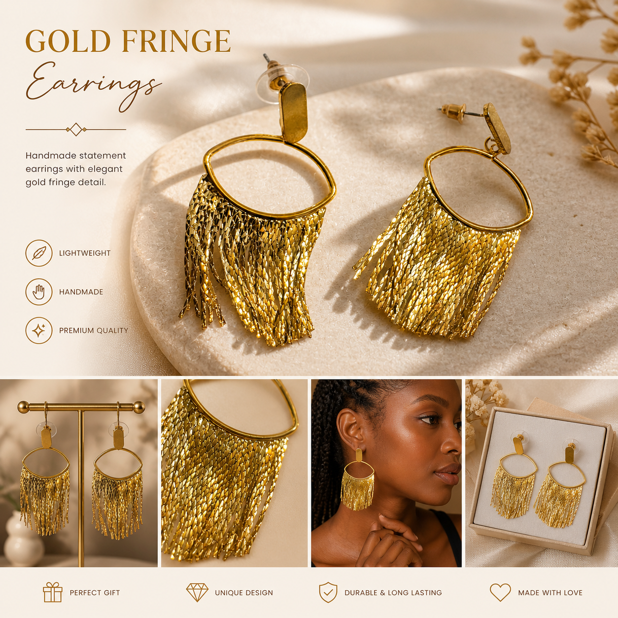 Gold Fringe Statement Earrings (Handmade)