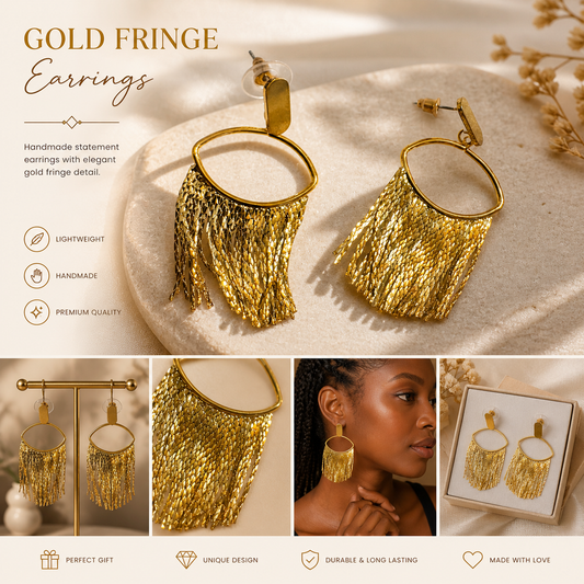 Gold Fringe Statement Earrings (Handmade)