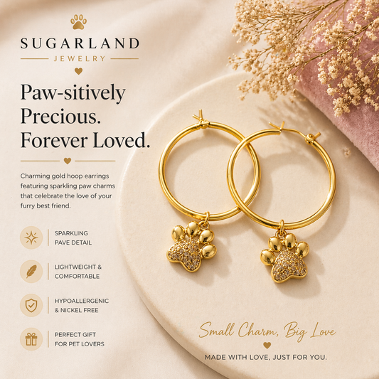 Gold Paw Charm Hoop Earrings