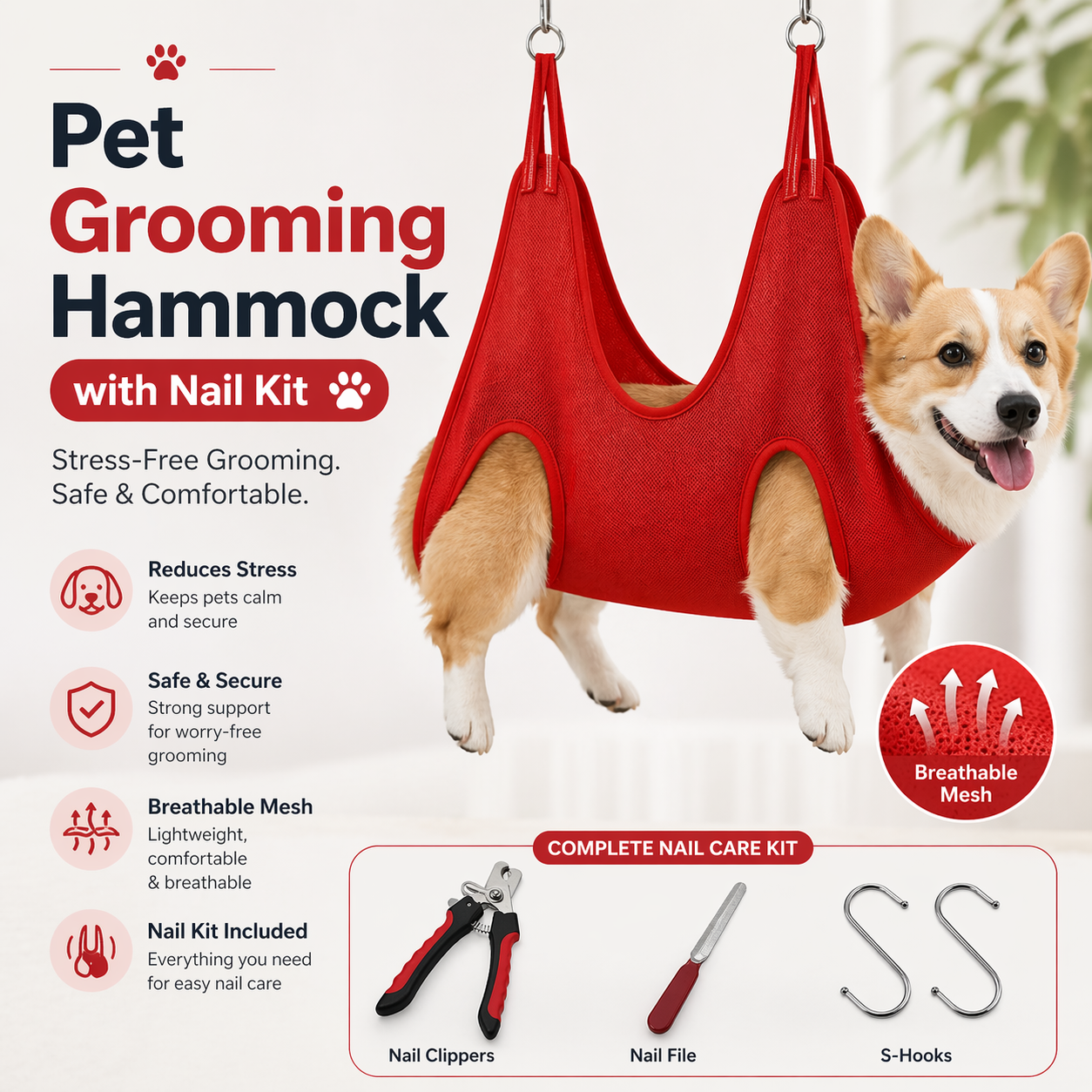 Pet Grooming Hammock with Nail Kit